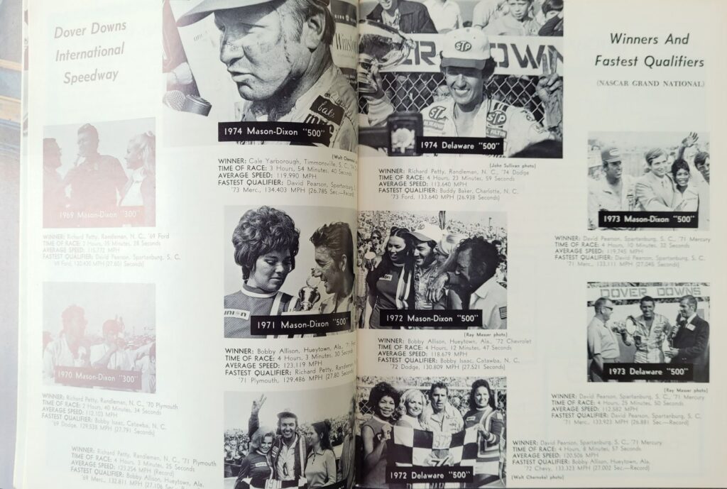 1975 NASCAR Dover Mason-Dixon 500 Program - Winners and Fastest Qualifiers.