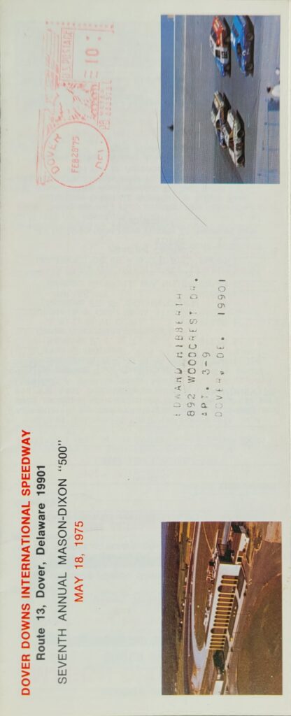 1975 NASCAR Dover Mason-Dixon 500 Ticketing Brochure Back.