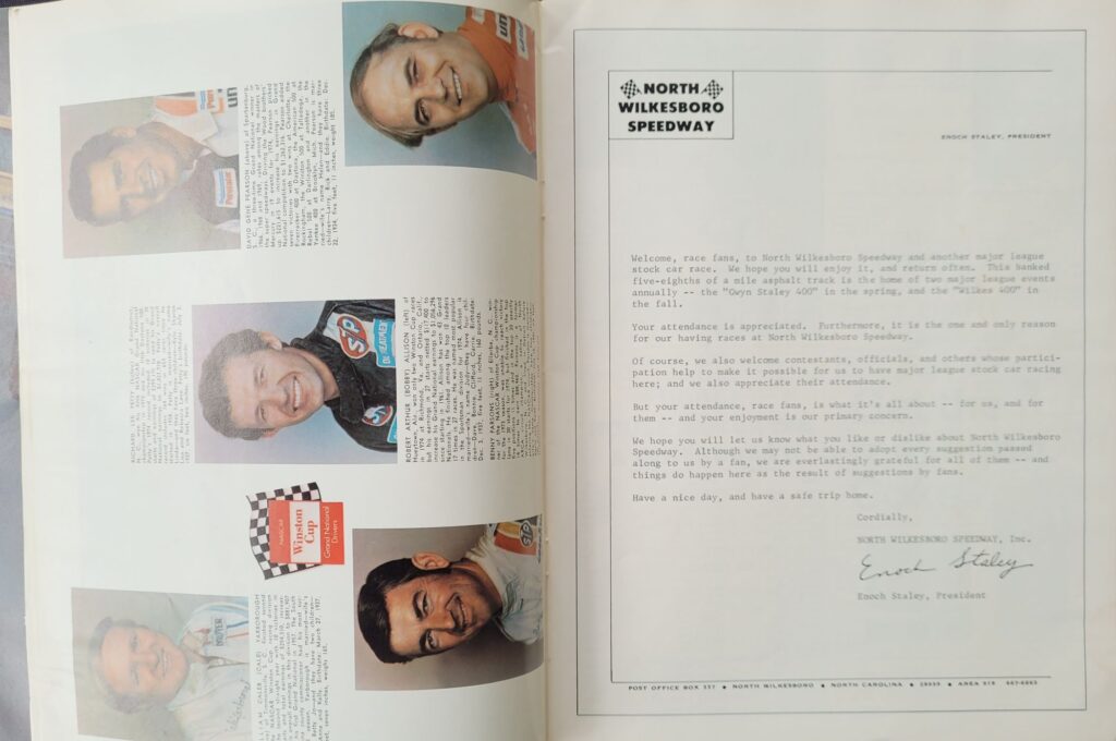 1975 NASCAR North Wilkesboro Gwyn Staley 400 Program - Enoch Staley Welcome Letter