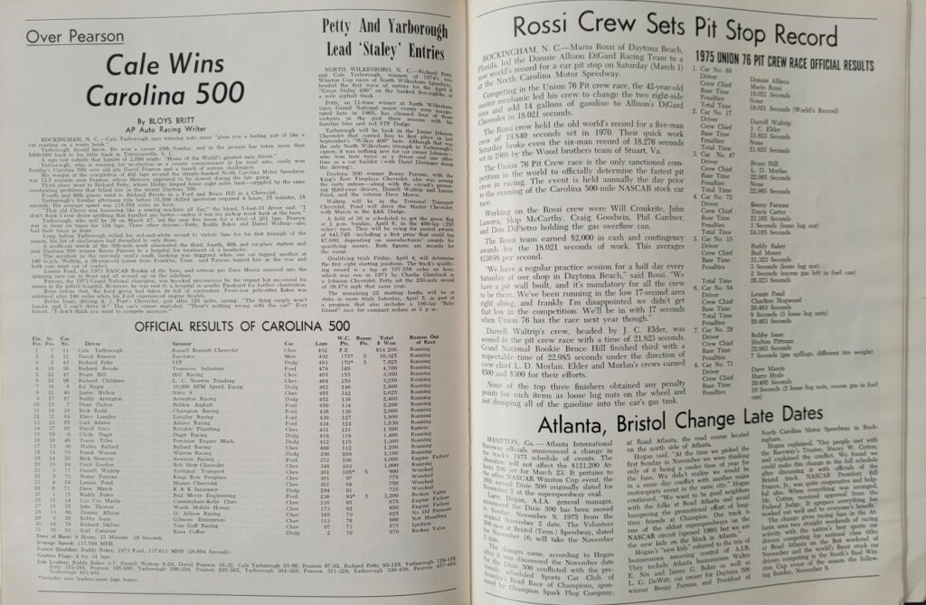 1975 NASCAR North Wilkesboro Gwyn Staley 400 Program - Rossi Pit Crew