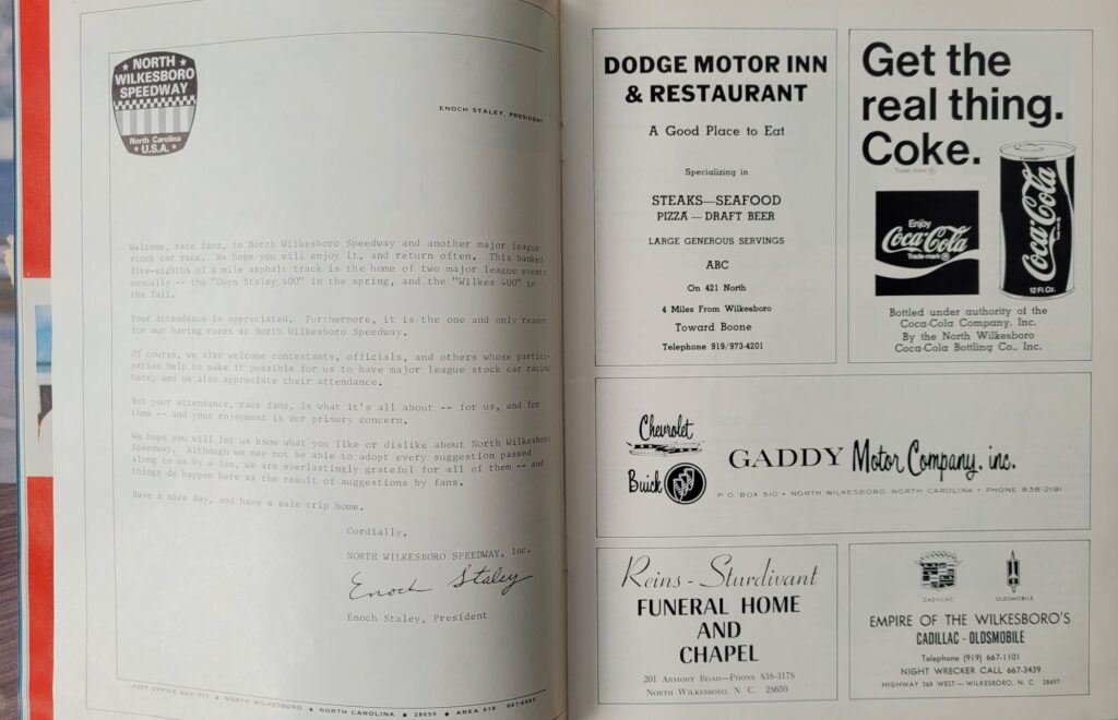 976 NASCAR North Wilkesboro Gwyn Staley 400 Program - Welcome Letter