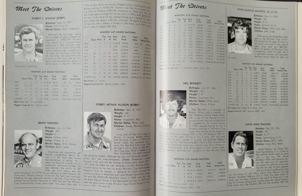1977 NASCAR Dover Mason-Dixon 500 Program - Meet the Drivers.