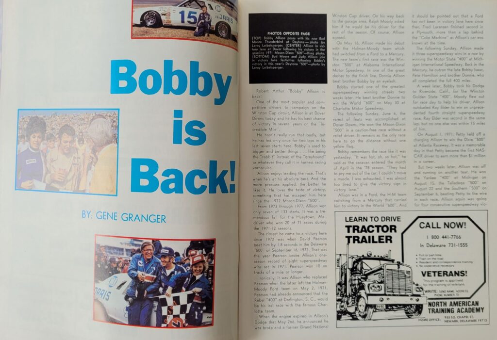 1978 NASCAR Dover Mason-Dixon 500 Program - Bobby Allison.