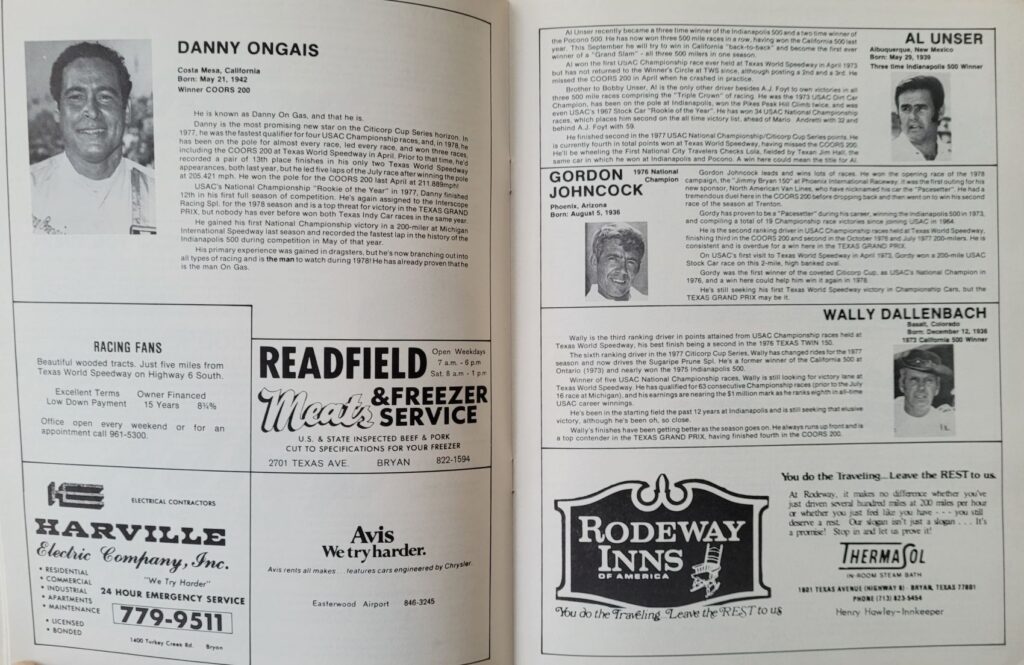 1978 USAC Texas World Texas Grand Prix Program - Drivers