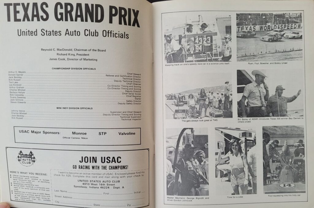 1978 USAC Texas World Texas Grand Prix Program - Grand Prix Officials