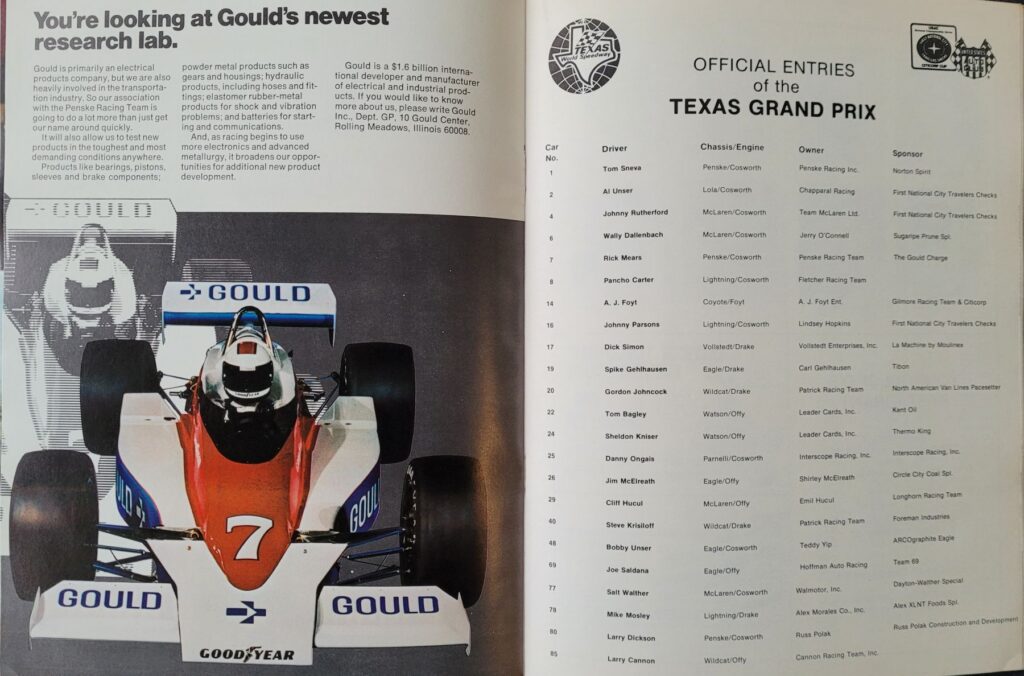 1978 USAC Texas World Texas Grand Prix Program - Official Entries
