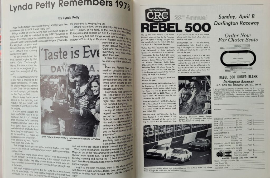 1979 NASCAR North Wilkesboro Northwestern Bank 400 Program - Lynda Petty