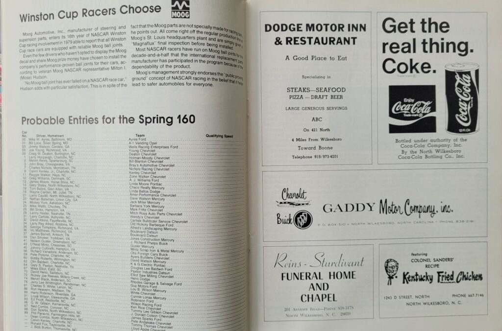 1979 NASCAR North Wilkesboro Northwestern Bank 400 Program - Spring 160 Entry List