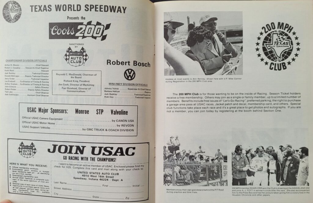 1979 USAC Texas World Coors 200 Program - 200mph Club