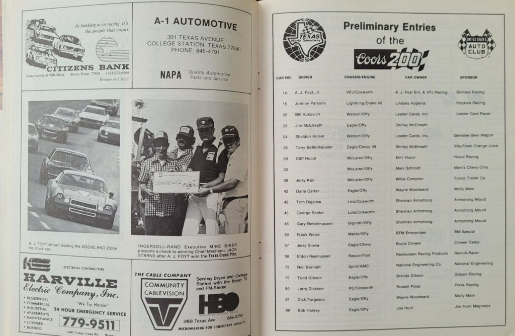 1979 USAC Texas World Coors 200 Program - Preliminary Entries