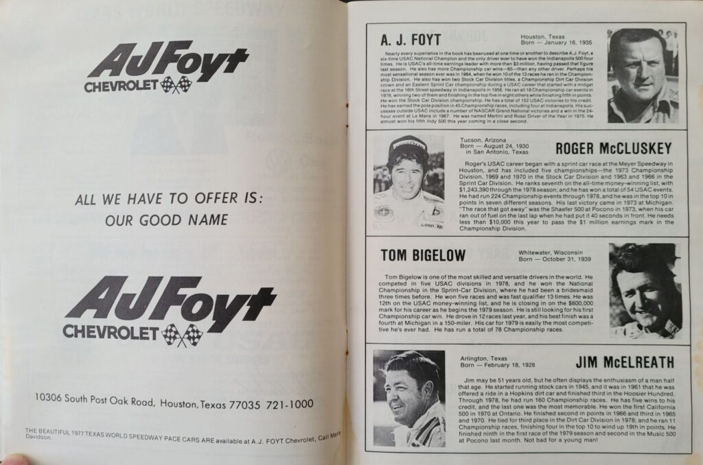 1979 USAC Texas World LubriLon Grand Prix Program - Drivers