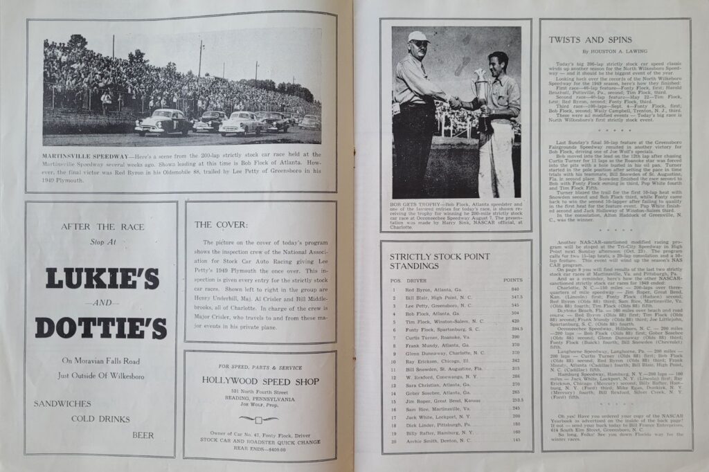 1949 NASCAR North Wilkesboro Wilkes 200 Program (Reprint) - Point Standings