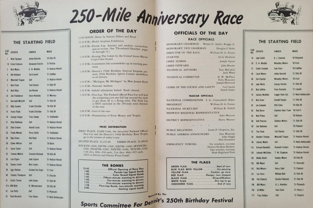 1951 NASCAR Detroit 250 Mile Anniversary Race Program - Starting Field.