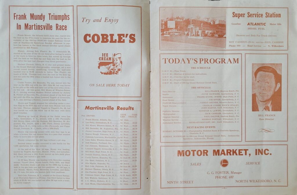 1951 NASCAR North Wilkesboro Wilkes 200 Program - Pages 2-3.