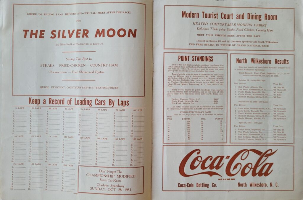 1951 NASCAR North Wilkesboro Wilkes 200 Program - Pages 4-5.