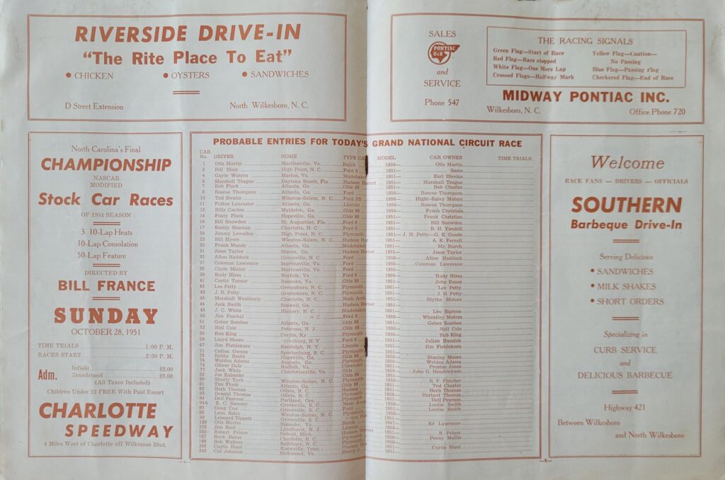1951 NASCAR North Wilkesboro Wilkes 200 Program - Pages 6-7.