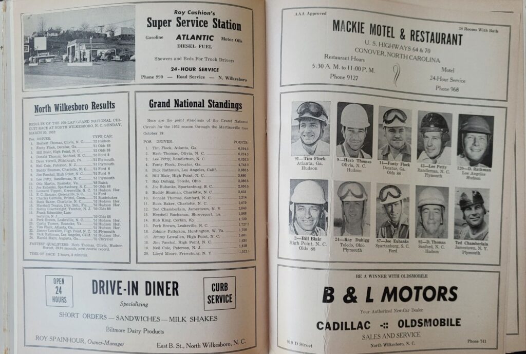1952 NASCAR North Wilkesboro Wilkes 200 Program - Grand National Standings.