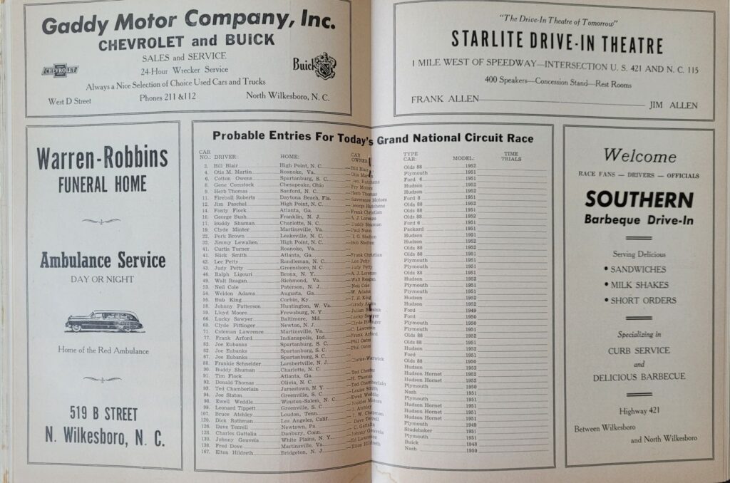 1952 NASCAR North Wilkesboro Wilkes 200 Program - Probable Entries.