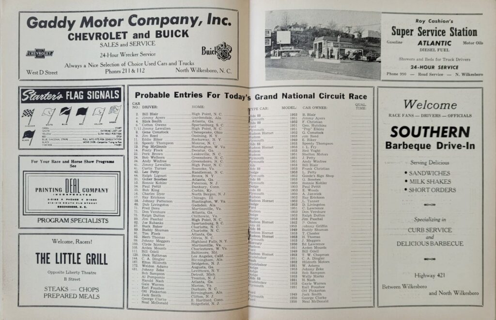1953 NASCAR North Wilkesboro Wilkes 160 Program - Probable Entries.