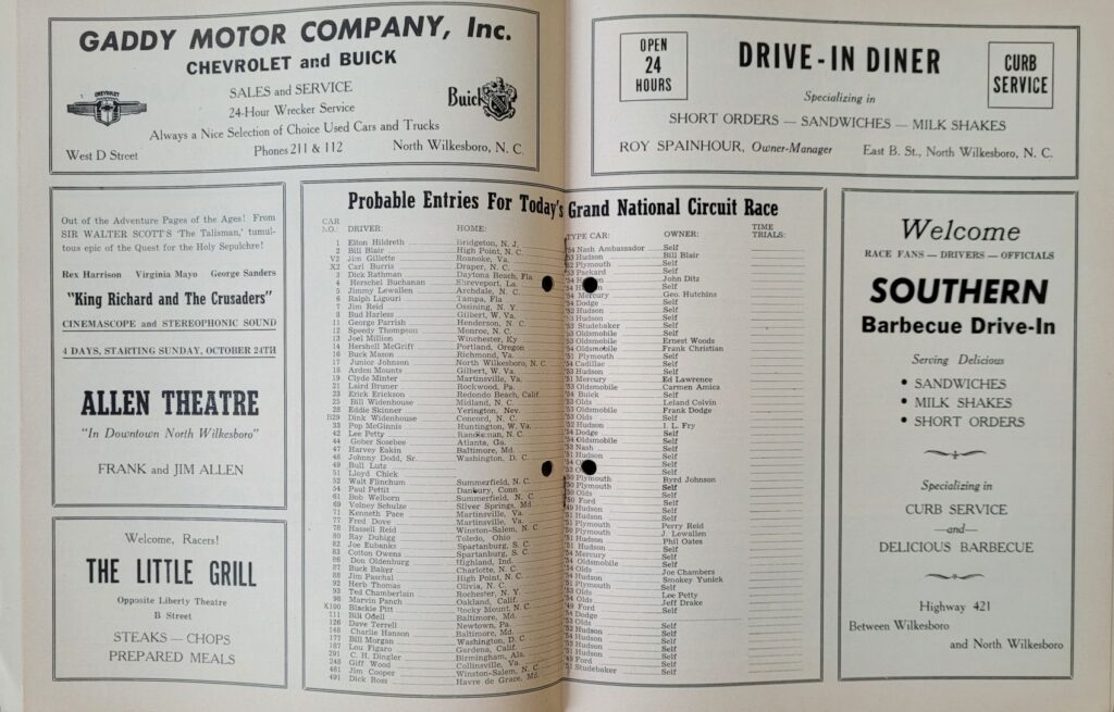 1954 NASCAR North Wilkesboro Wilkes 160 Program - Probable Entries.