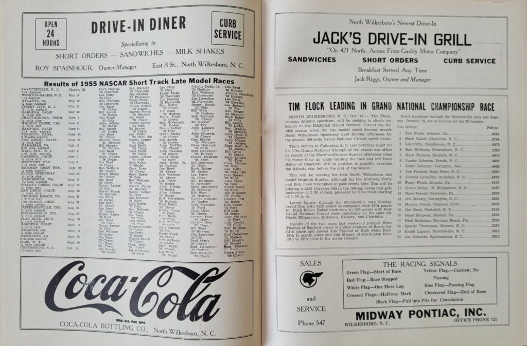 1955 NASCAR North Wilkesboro Wilkes 160 Program - Point Standings