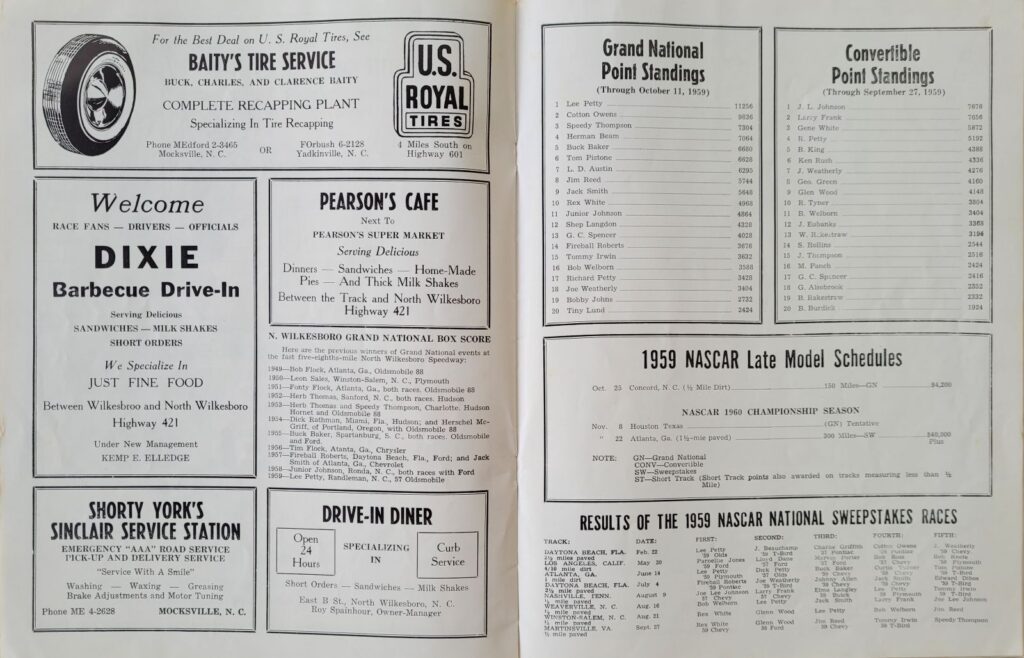 1959 NASCAR North Wilkesboro Wilkes 160 Program - Grand National Point Standings.