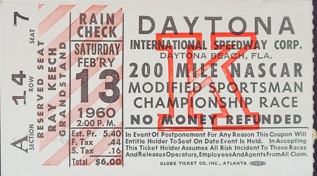 1960 NASCAR Daytona Modified-Sportsmen Ticket Stub - Front