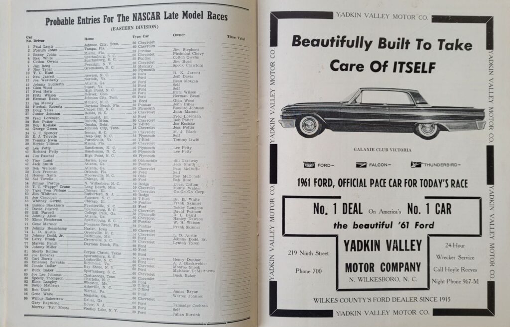 1960 NASCAR North Wilkesboro Wilkes 200 Program - Probable Entries.