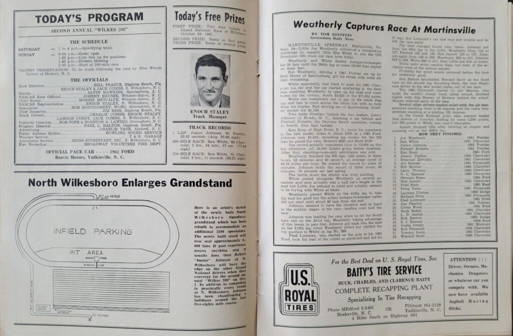 1961 NASCAR North Wilkesboro Wilkes 200 Program - Event Schedule.