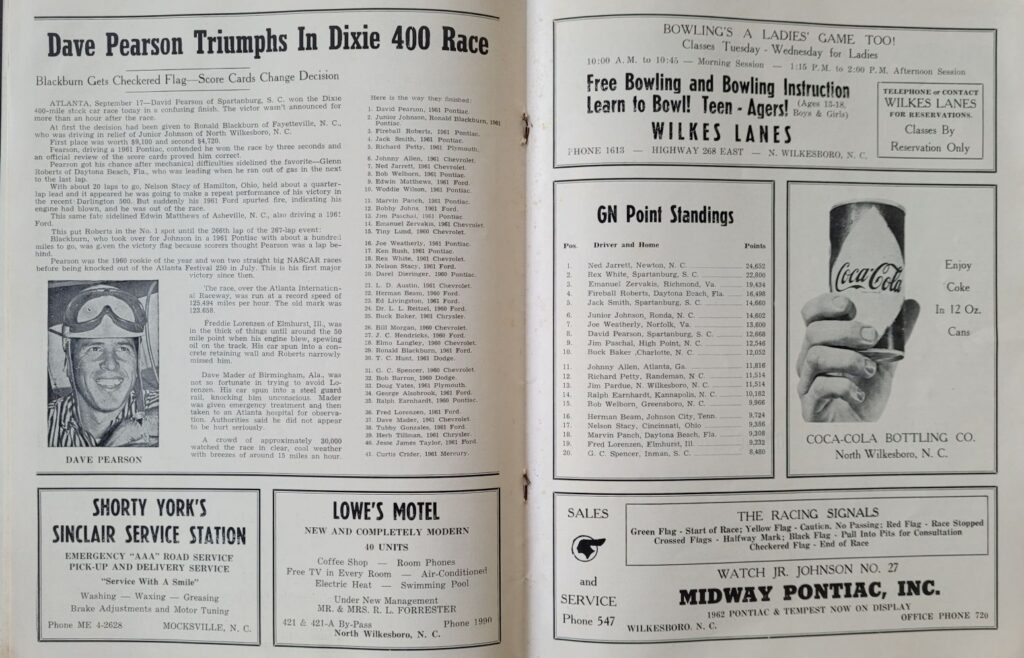 1961 NASCAR North Wilkesboro Wilkes 200 Program - Point Standings.