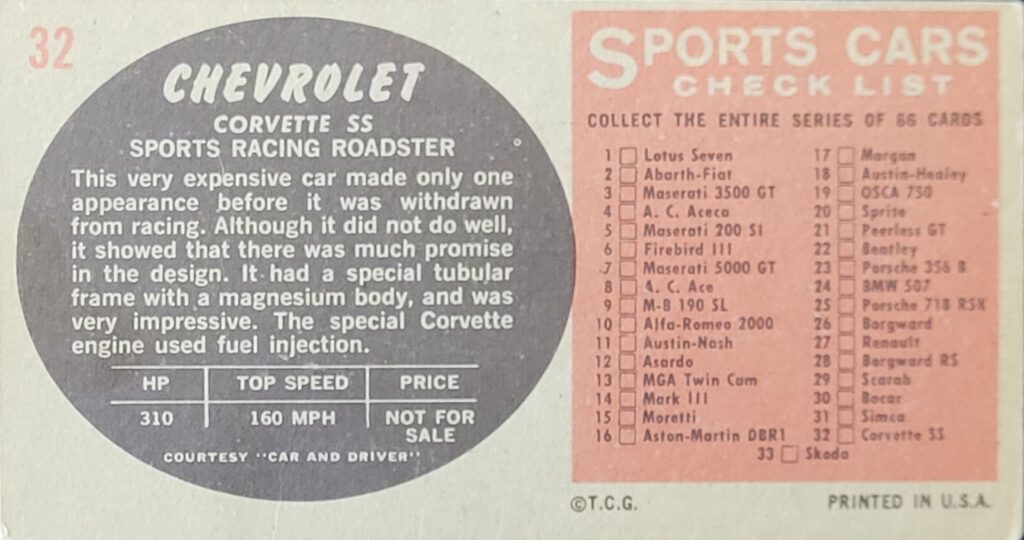 1961 Topps Sports Cars - Chevrolet Card #32