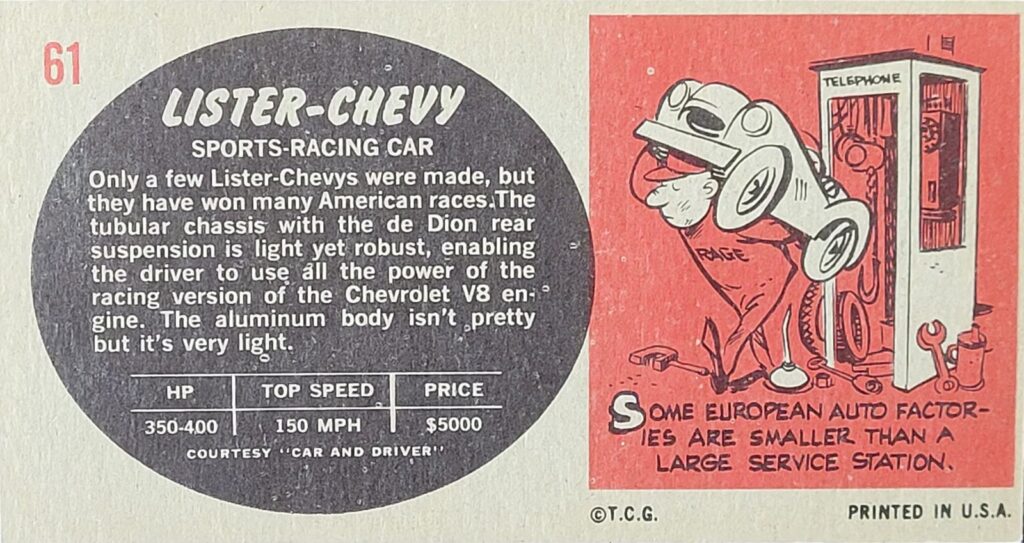 1961 Topps Sports Cars - Lister -Chevy Card #61