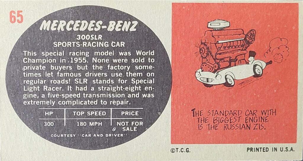 1961 Topps Sports Cars - Mercedes Benz Card #65