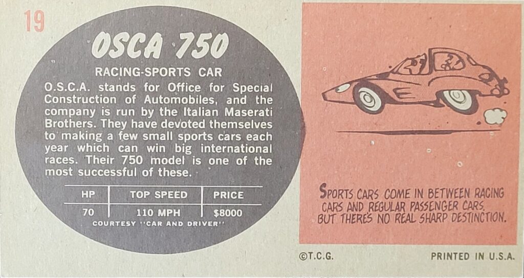 1961 Topps Sports Cars - Osca 750 Card #19
