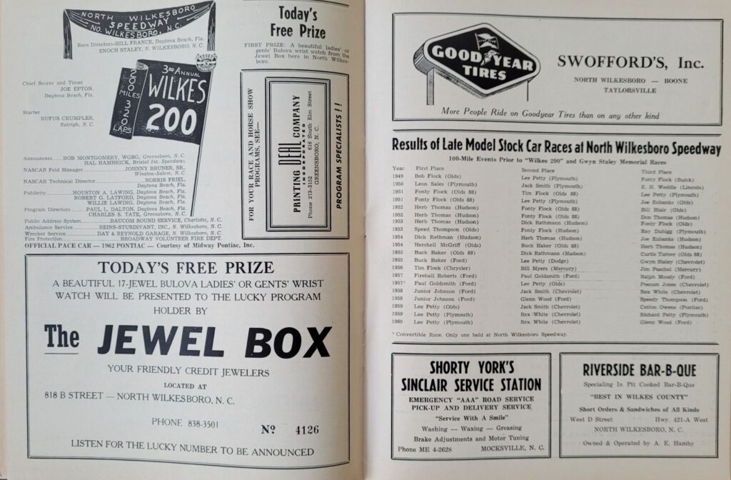 1962 NASCAR North Wilkesboro Wilkes 200 Program - Officials
