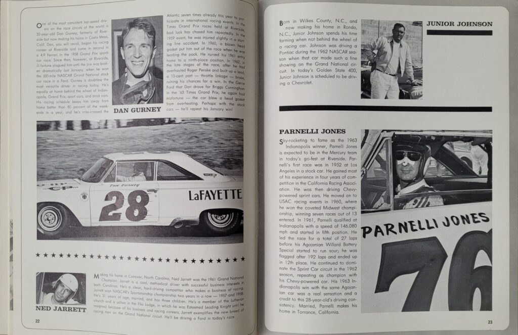 1963 NASCAR Riverside Golden State 400 Program - Pages 22-23.