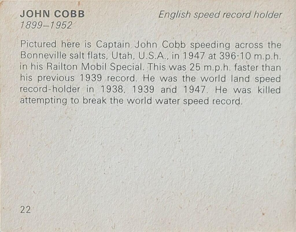 1965 Bancroft Tiddlers (UK) Giants of Sport II John Cobb Back.