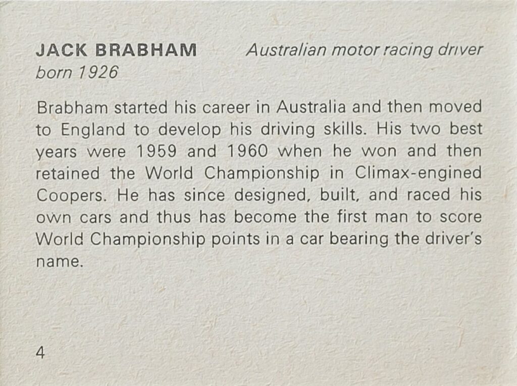 1965 Bancroft Tiddlers (UK) Giants of Sport Jack Brabham Back.
