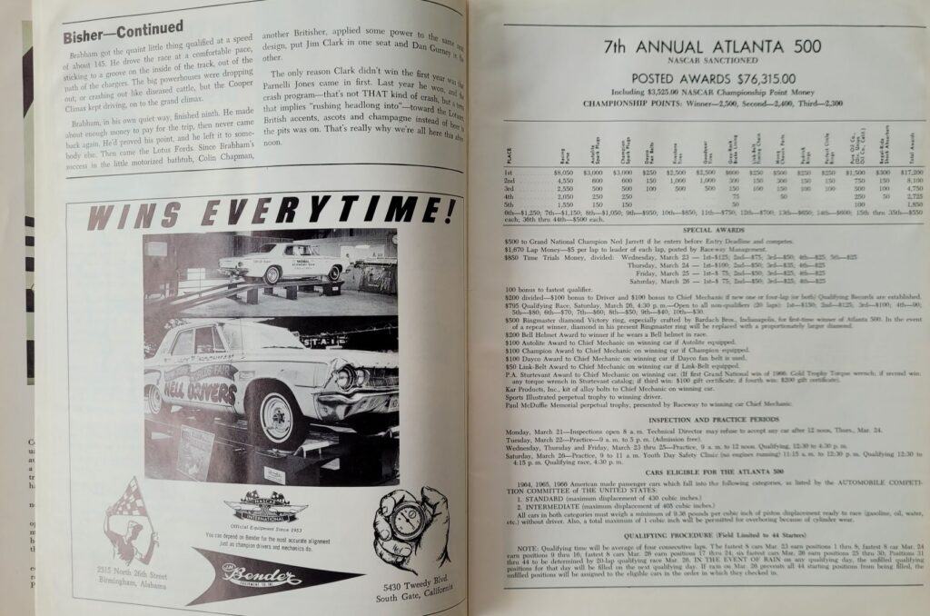 1966 NASCAR Atlanta 500 Program - Posted Awards.