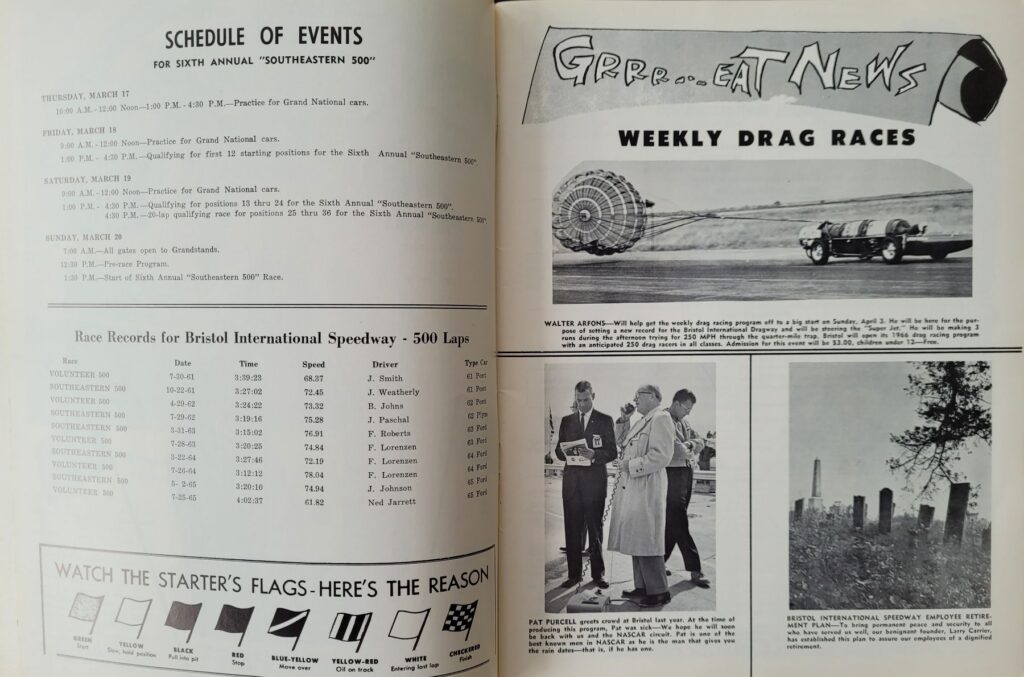 1966 NASCAR Bristol Southeastern 500 Program - Schedule of Events.