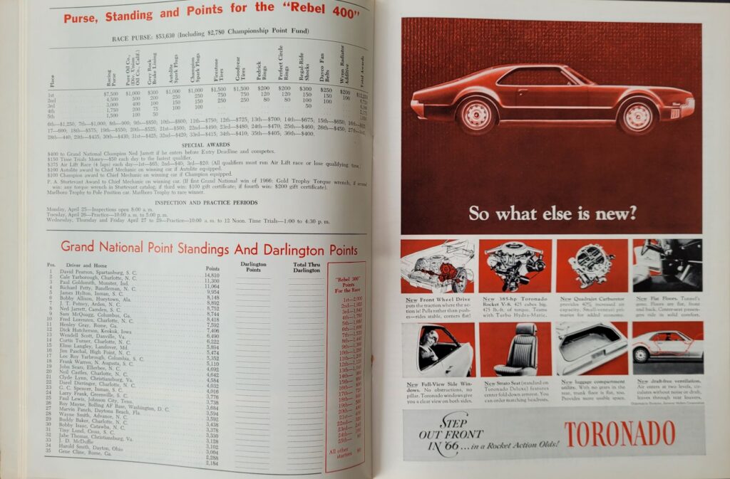 1966 NASCAR Darlington Rebel 400 Program - Posted Awards.
