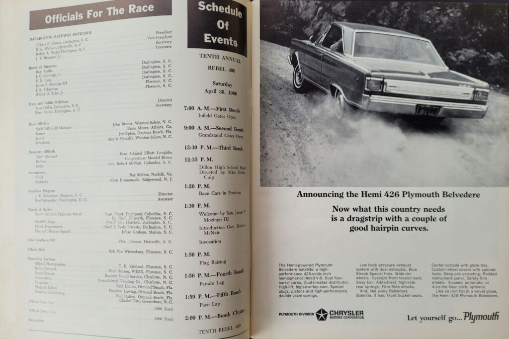 1966 NASCAR Darlington Rebel 400 Program - Schedule of Events.