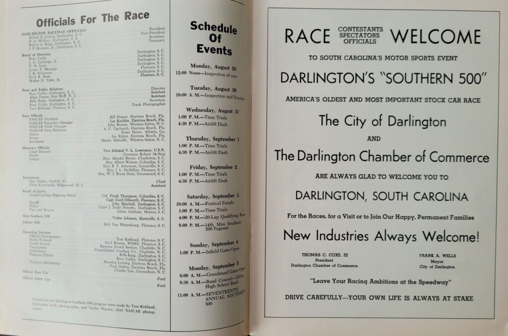 1966 NASCAR Darlington Southern 500 Program - Schedule of Events.