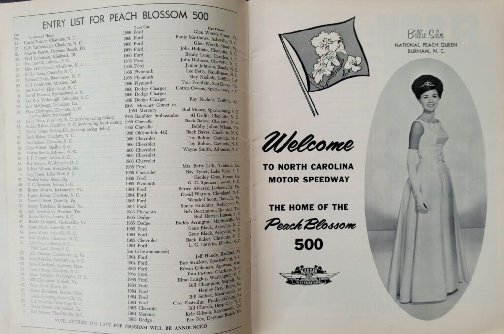 1966 NASCAR NCMS Rockingham Peach Blossom 500 Program - Entry List.
