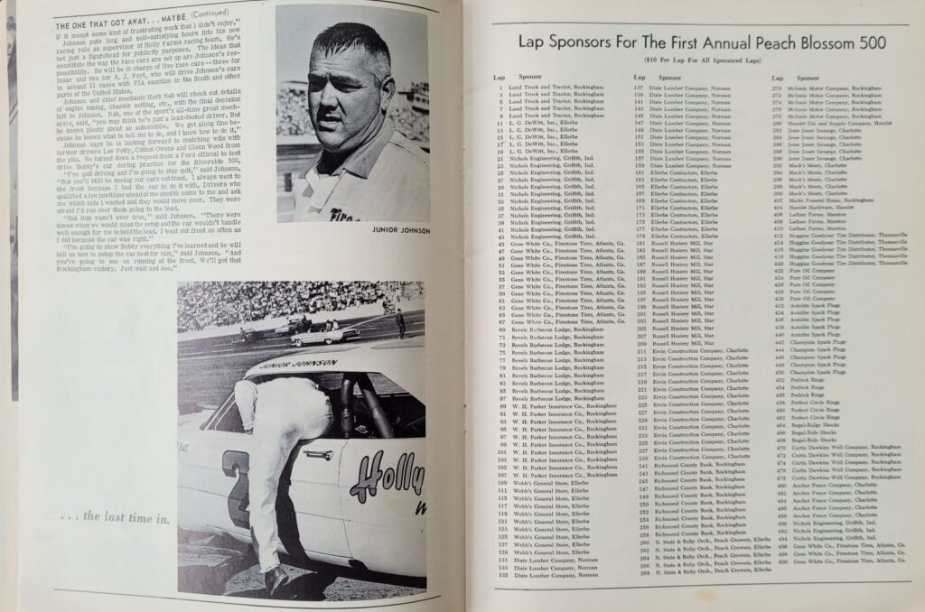 1966 NASCAR NCMS Rockingham Peach Blossom 500 Program - Lap Sponsors