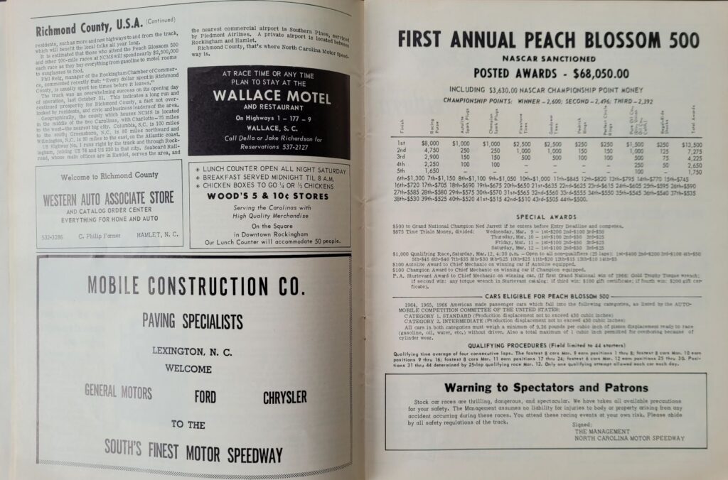 1966 NASCAR NCMS Rockingham Peach Blossom 500 Program - Posted Awards.