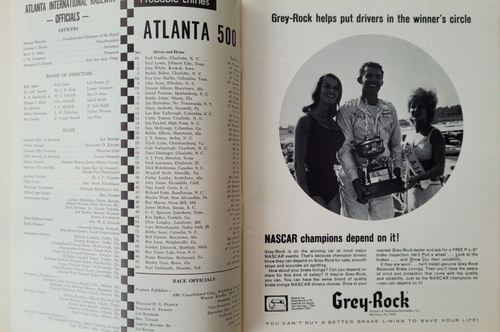 1967 NASCAR Atlanta 500 Program - Probable Entries.