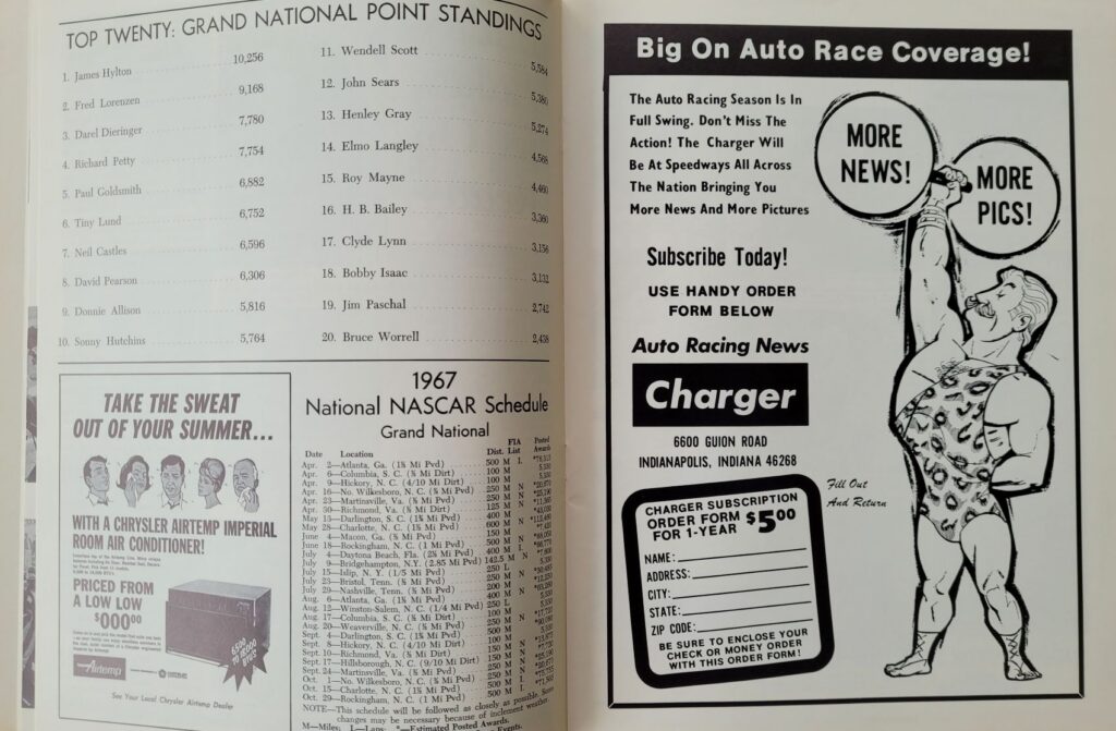 1967 NASCAR Atlanta 500 Program - Schedule and Point Standings.