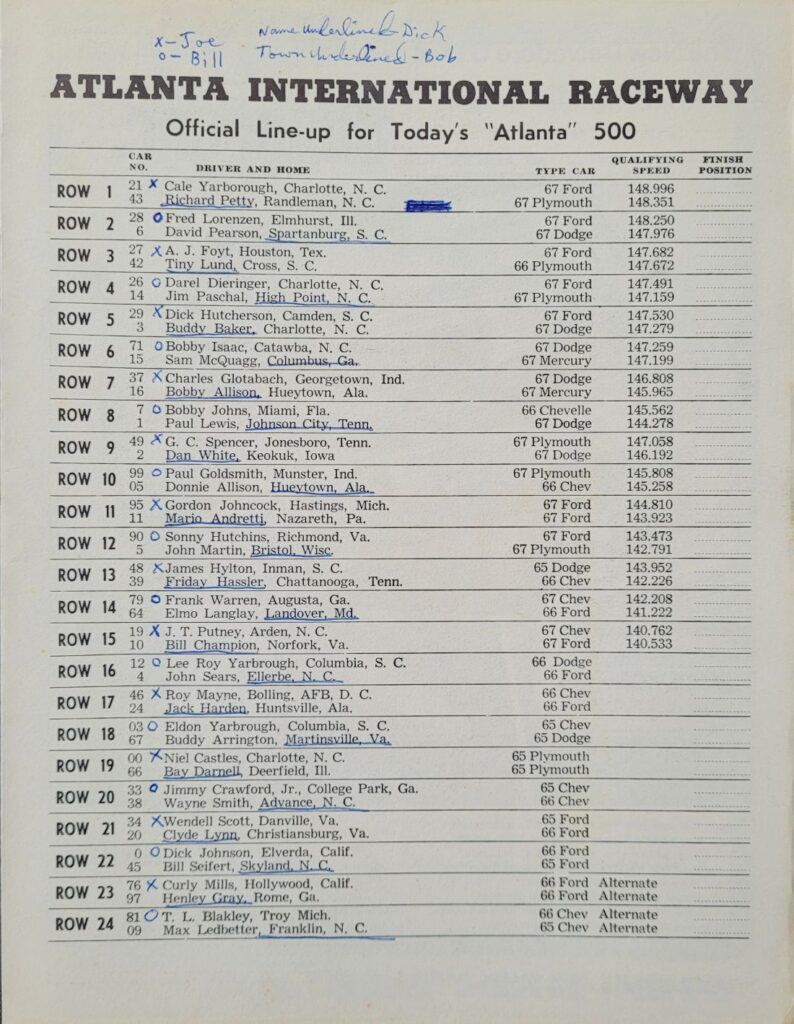1967 NASCAR Atlanta 500 Starting Lineup.