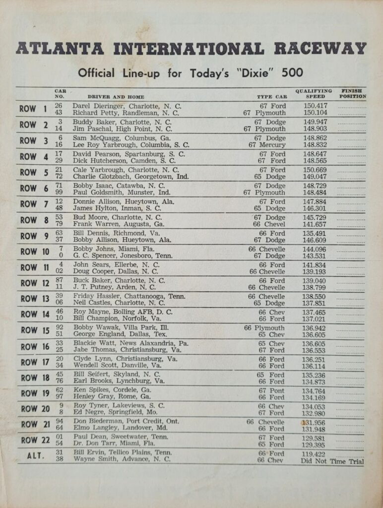 1967 NASCAR Atlanta Dixie 500 Starting Lineup.